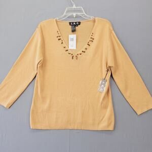 JAC Brown Camel Shirt NEW $44 Beaded V-Neck 3/4 Sleeves Knit Top Women's Size S